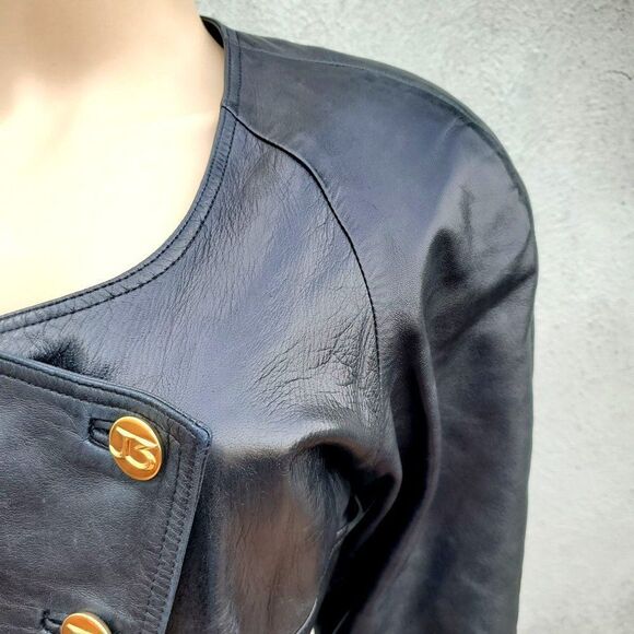 Vintage 80s Jitrois Black Lambskin Leather Military Jacket S Peplum - Picture 14 of 16